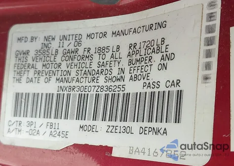 2007 Toyota Corolla Le z USA, uszkodzony, nr VIN 1NXBR30E07Z836255